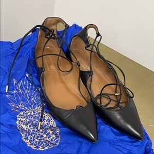 Aquazzura Black Pointed Leather Lace-Up Flats